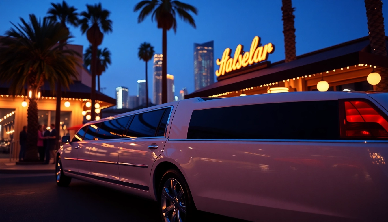 Luxury Hollywood Town Car and Limousine parked outside a high-end LA restaurant at dusk, highlighting exclusive service.