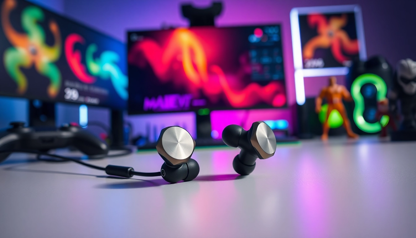 PRO60 Gaming Earbuds stylishly displayed on a modern gaming setup with vibrant lighting.