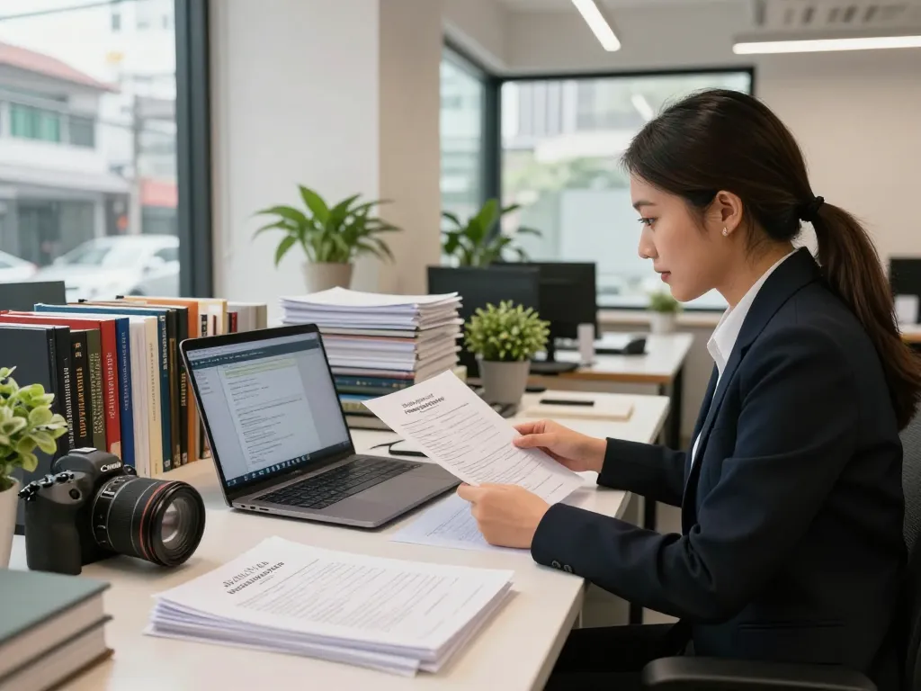 Translation Services in Chiang Mai with a professional translator working in a modern office environment on certified documents.