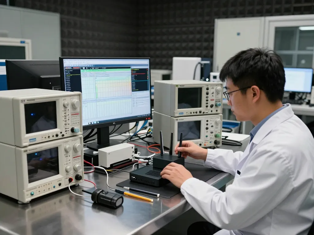 Engineer performing RF testing with advanced equipment for CE certification compliance in a modern EMC lab.