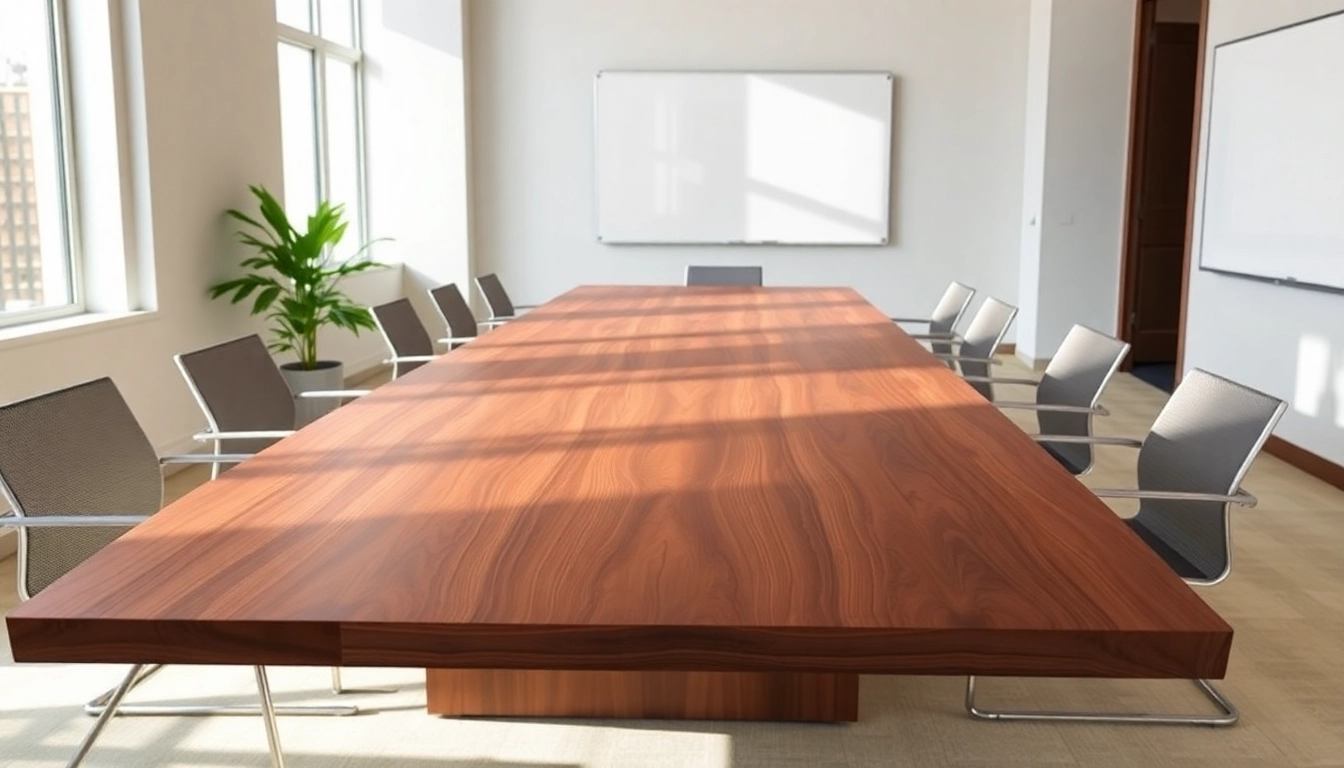 Custom conference table made from solid walnut in a modern conference room setting.