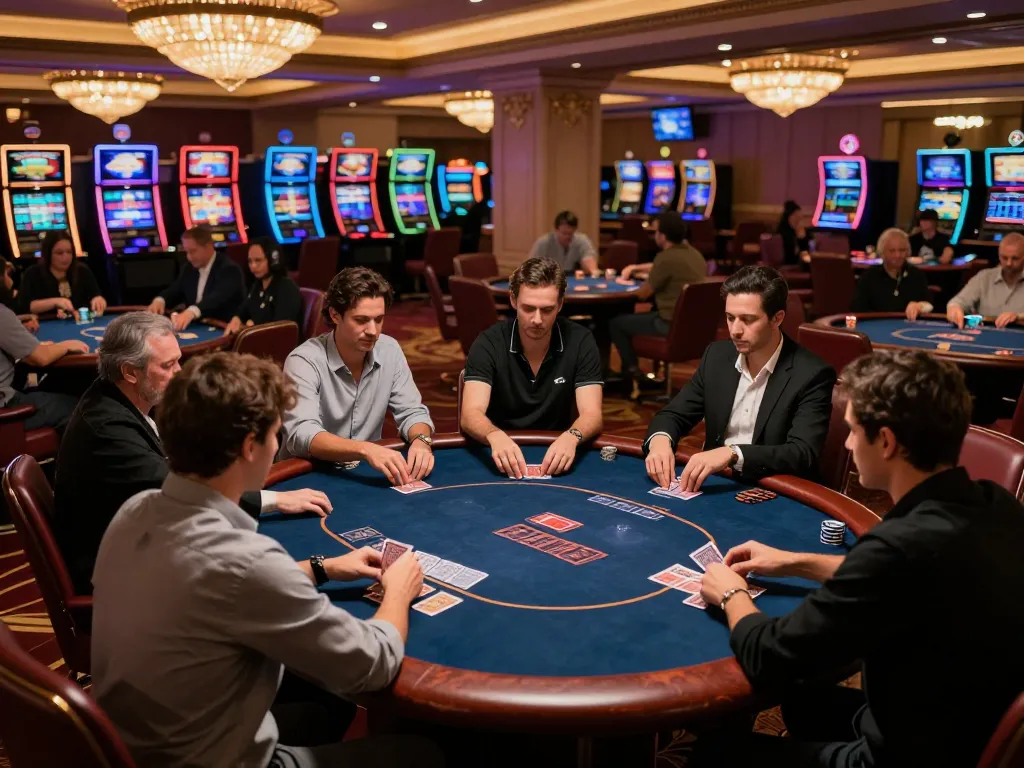Players engage in strategic poker gameplay at a high-stakes poker table in a Vegas casino, showcasing the excitement of FC88.