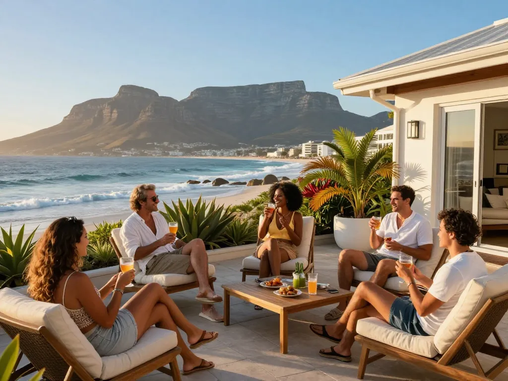 Guests enjoying their stay in a luxurious Airbnb management Cape Town property with ocean views and Table Mountain.
