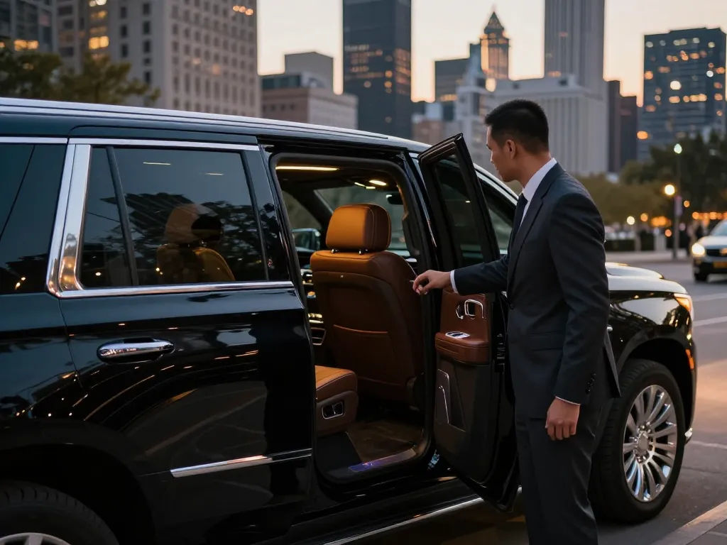 Plainfield limo service featuring a professional chauffeur opening a Cadillac Escalade for a client, highlighting luxury and elegance in an urban setting.