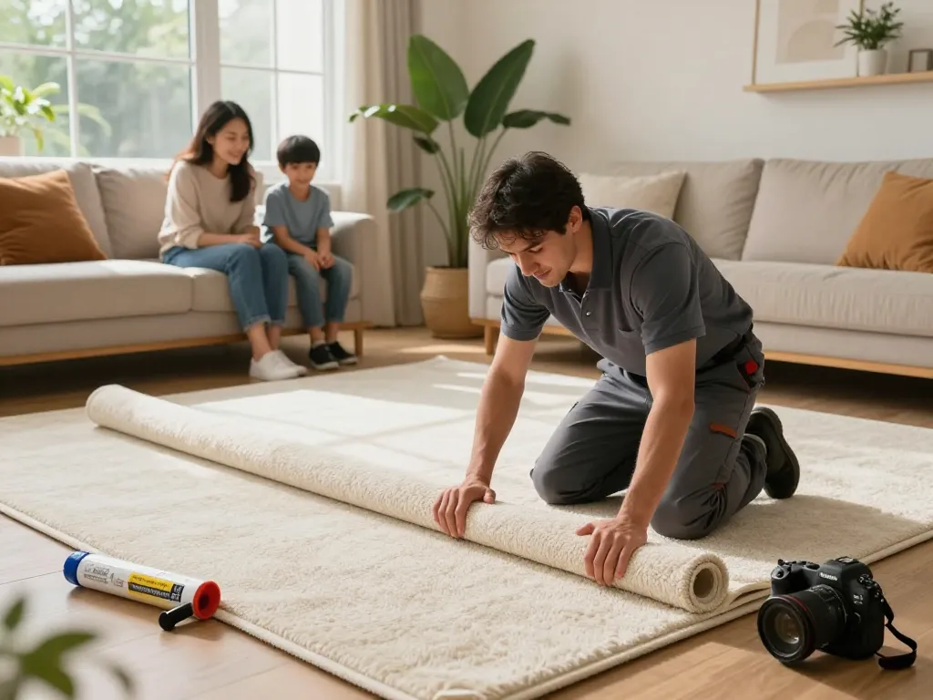 Residential carpet installation in a cozy living room with a professional technician at work.