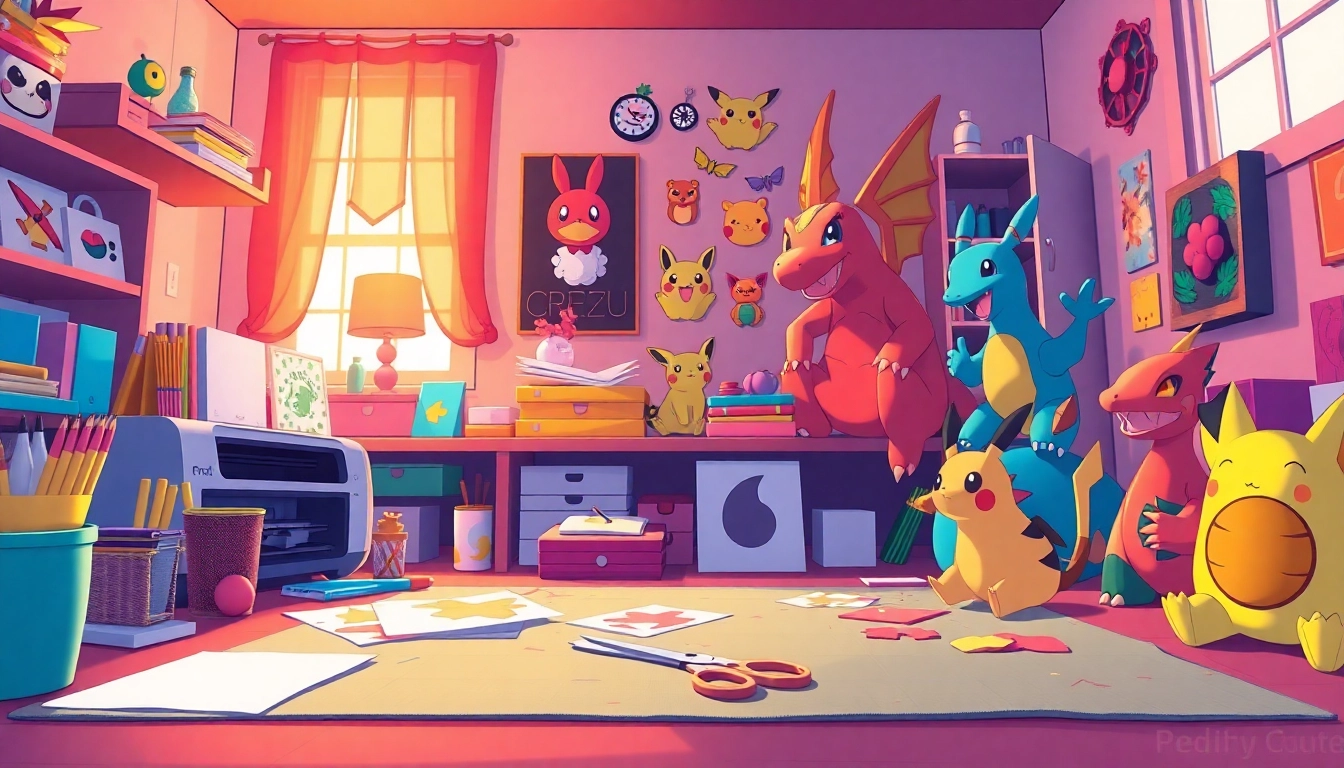 Vibrant crafting scene featuring Pokemon SVG designs and colorful supplies for Cricut enthusiasts.