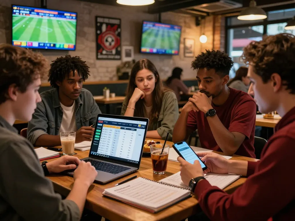 Enthusiastic bettors discussing strategies at café while checking 1gom for live football updates.