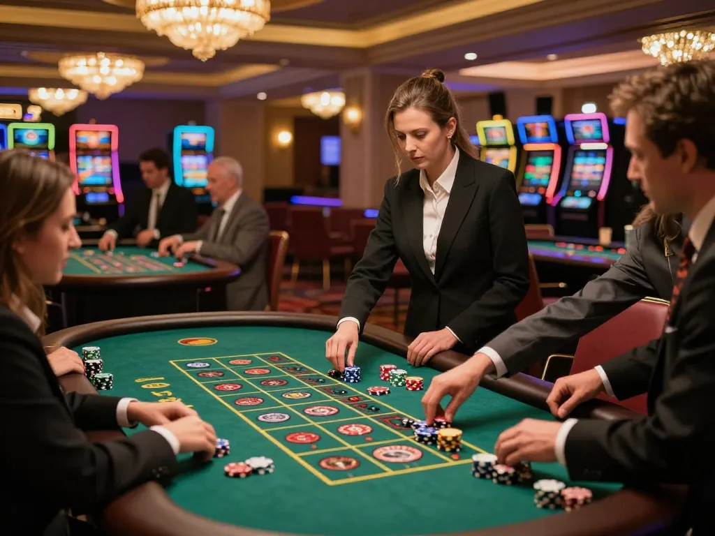 Engaging players at roulette tables in FC88, vibrant casino atmosphere with colorful chips.