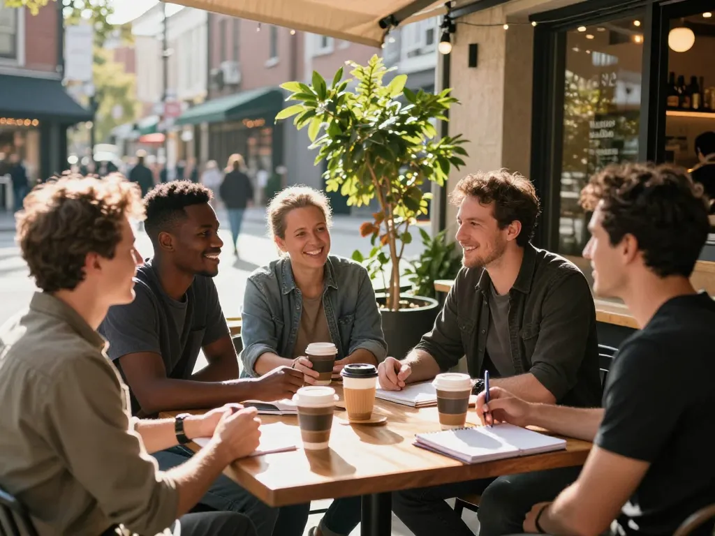 Men discussing personal growth at a coffee shop, embodying the spirit of manclub.