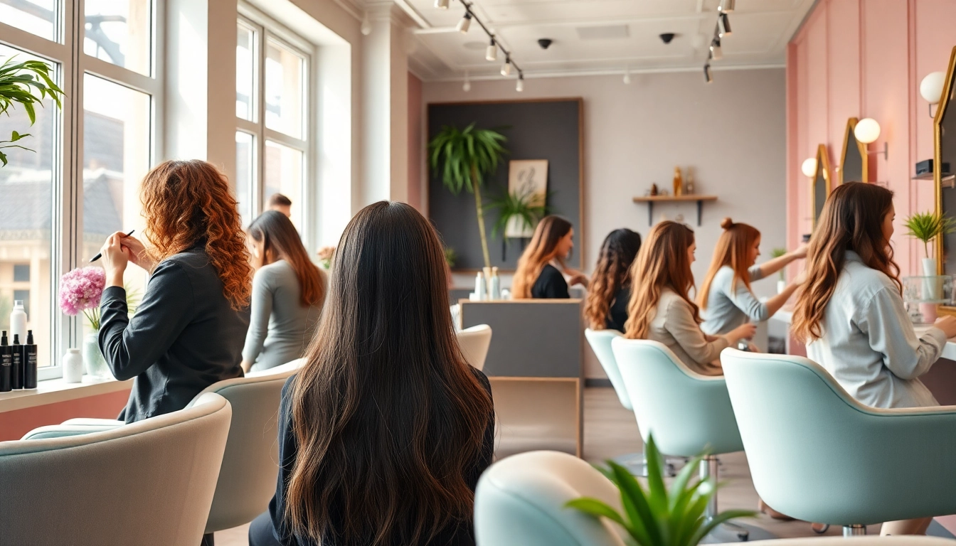 The interior of a stylish salon showcasing diverse hairstyles, embodying cabeleireiro perto de mim.