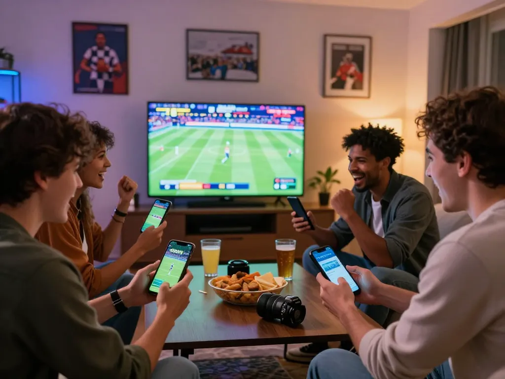 SBOBET app featured on smartphones during a lively sports betting gathering with friends.