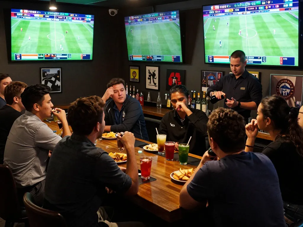 Engaged bettors discussing tỷ lệ kèo nhà cái 5 during a live football match in a vibrant sports bar atmosphere.