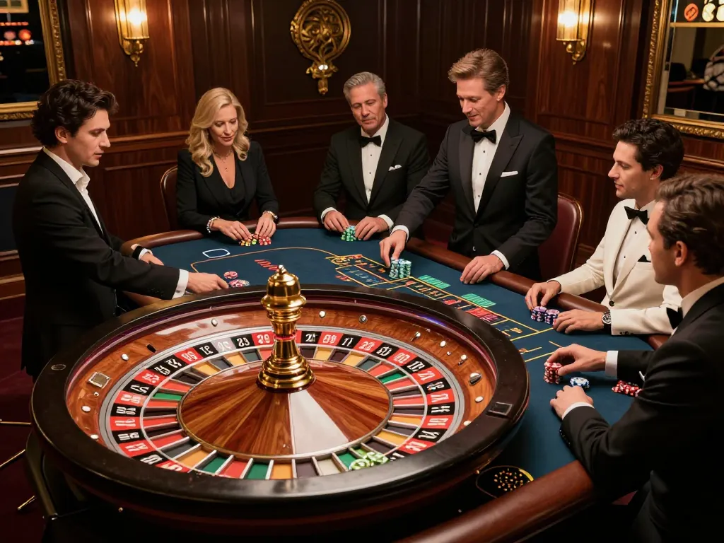 sunwingo players placing bets at a roulette table in a luxurious casino environment