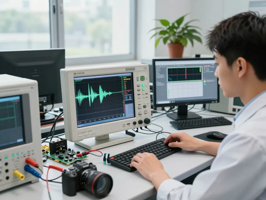 Engineer analyzing what a digital oscilloscope is in a modern lab with high-tech tools and bright natural light.