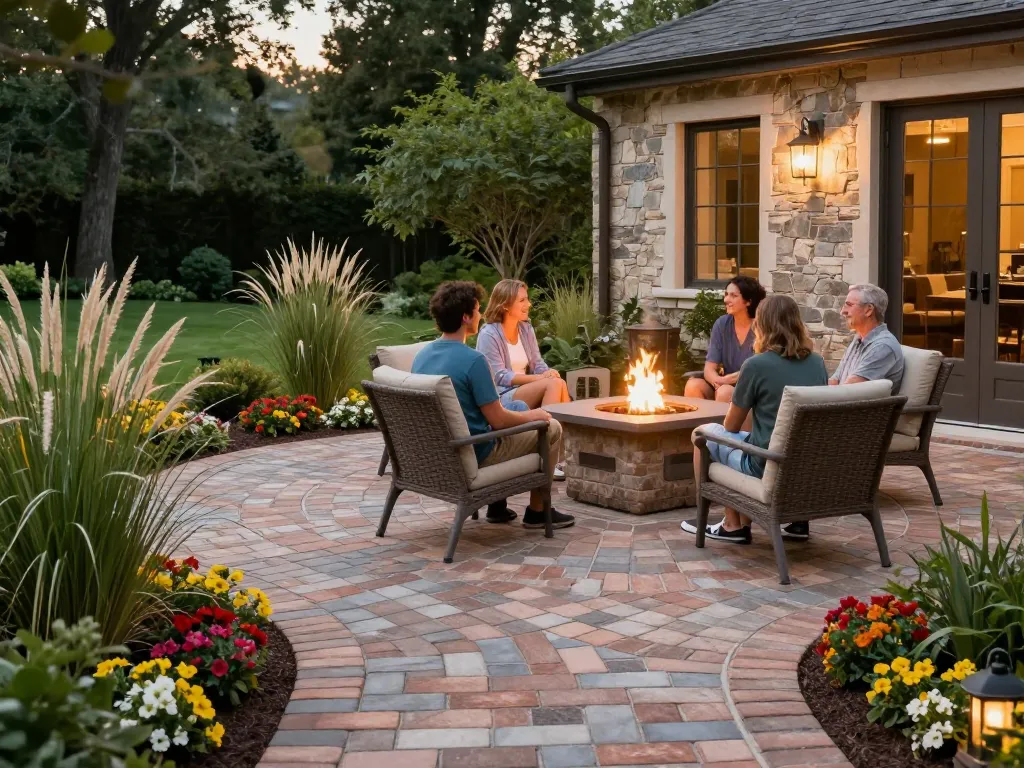 Elegant outdoor space with brick pavers near me, showcasing family around a cozy fire pit.