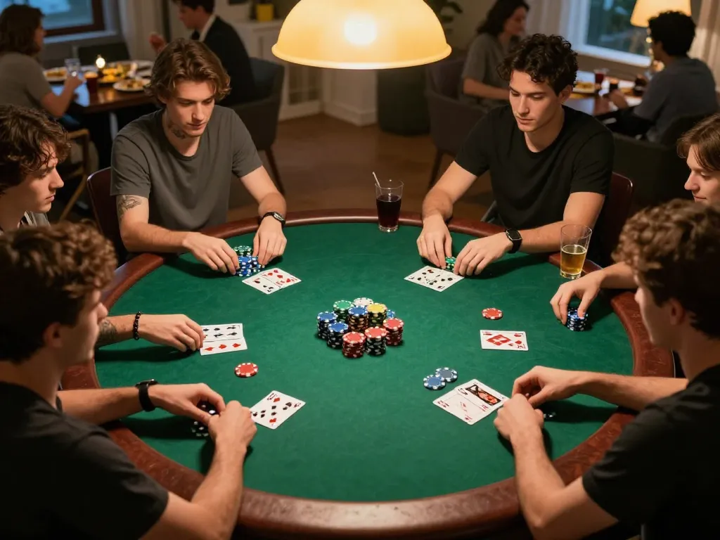 Các người chơi đang lập chiến lược trong một trò chơi poker sôi động, thể hiện sự phấn khích của trò chơi 12bet tại nhà.