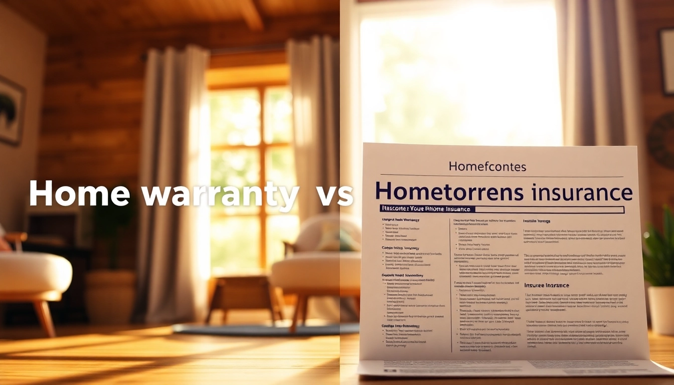 Comparing home warranty vs homeowners insurance with a cozy home and insurance documents.