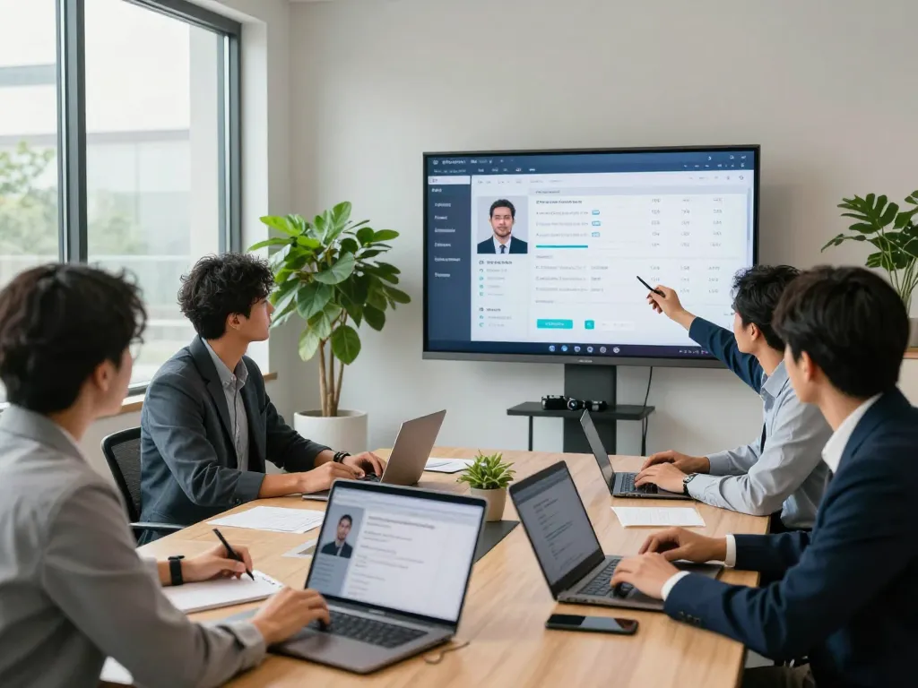 AI voice interview software in use as a diverse team evaluates candidates with modern technology in a professional setting.