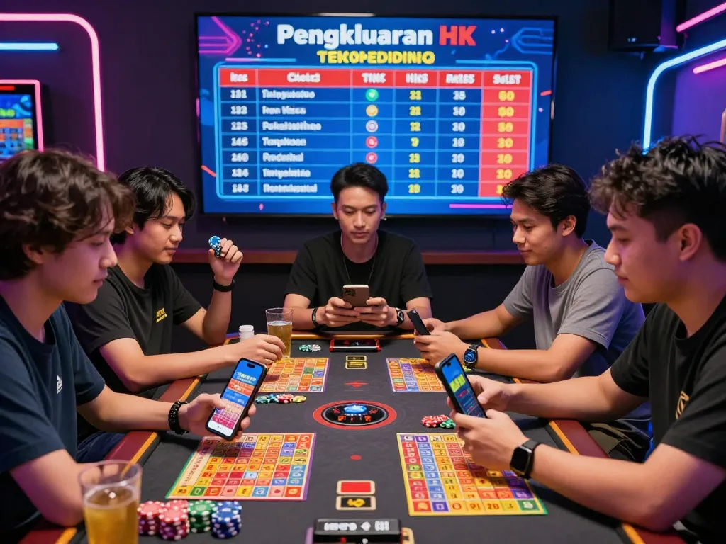 Teman-teman yang terlibat menikmati Togel Hongkong, memeriksa hasil Pengeluaran HK sambil dikelilingi tiket lotere berwarna-warni dan perlengkapan permainan.