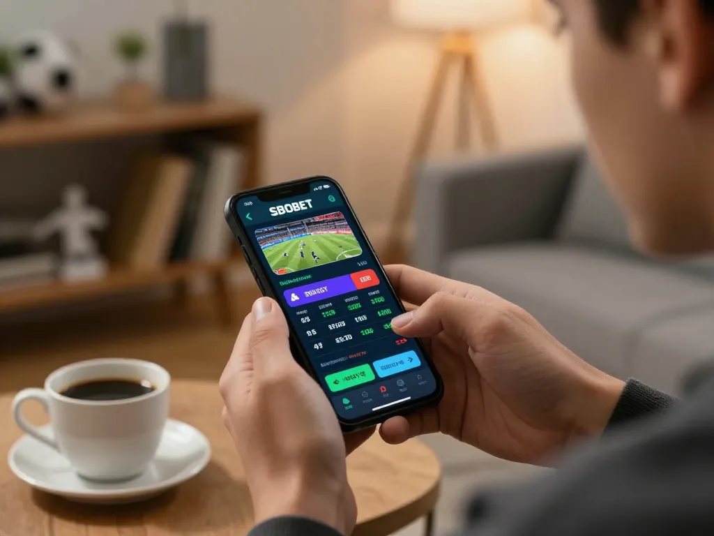 Aplikasi SBOBET ditampilkan di smartphone, terlibat dalam strategi taruhan olahraga langsung di rumah.