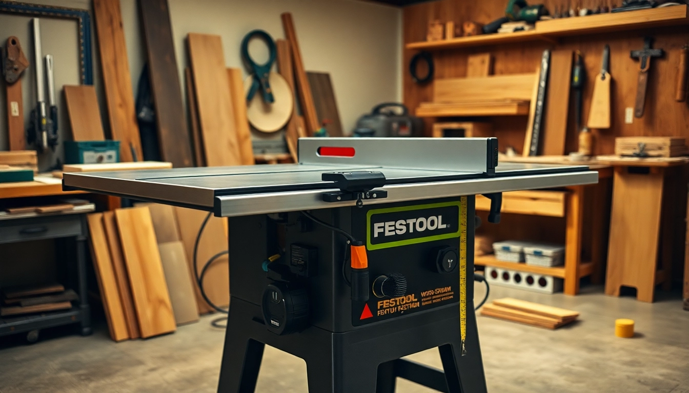 A craftsman using the Festool table saw to create precision cuts in wood, surrounded by tools and a clean workspace.