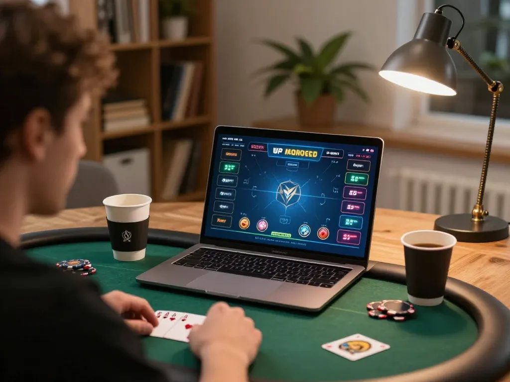 Player engaging with HELLO88 online poker game, showcasing strategic gameplay at home