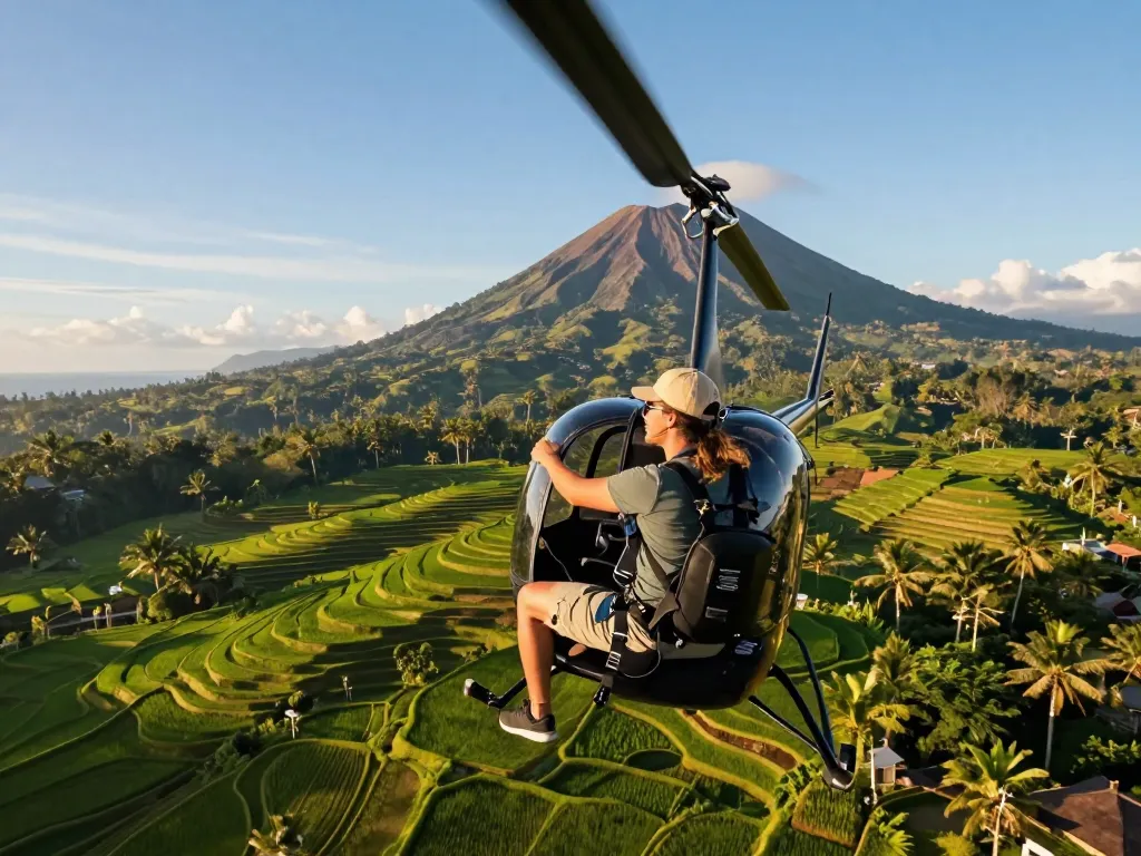 Bali tour featuring a traveler on a helicopter enjoying stunning views of rice terraces and volcanoes.