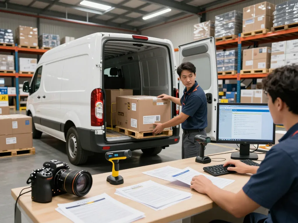 Efficient logistics scene with a driver loading tracked van, showcasing timely logistics operations.