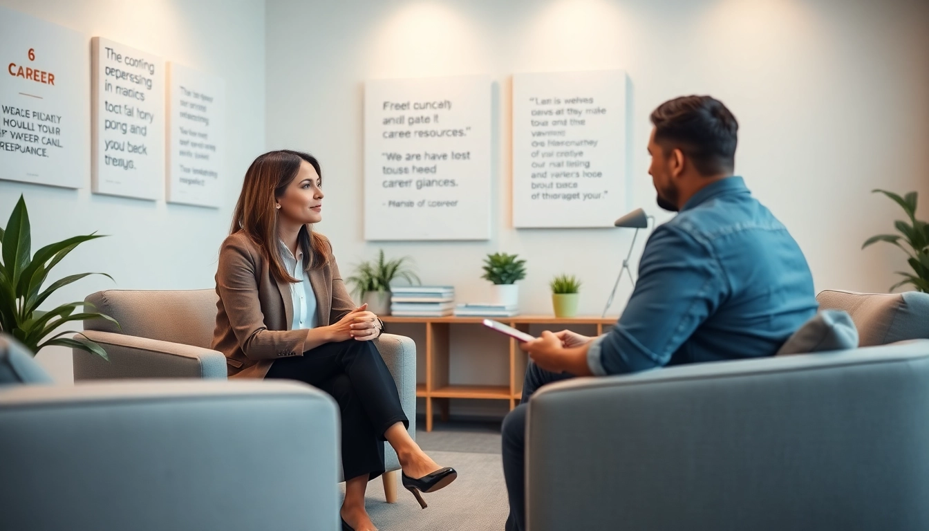 Empowering session in career coaching with a professional coach and client in a bright office.