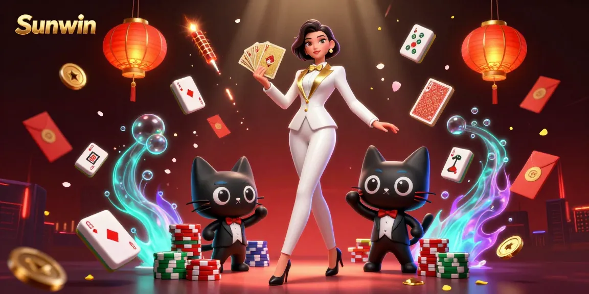 Sunwin shuffles cards at a vibrant 3D casino scene filled with dynamic gaming elements.