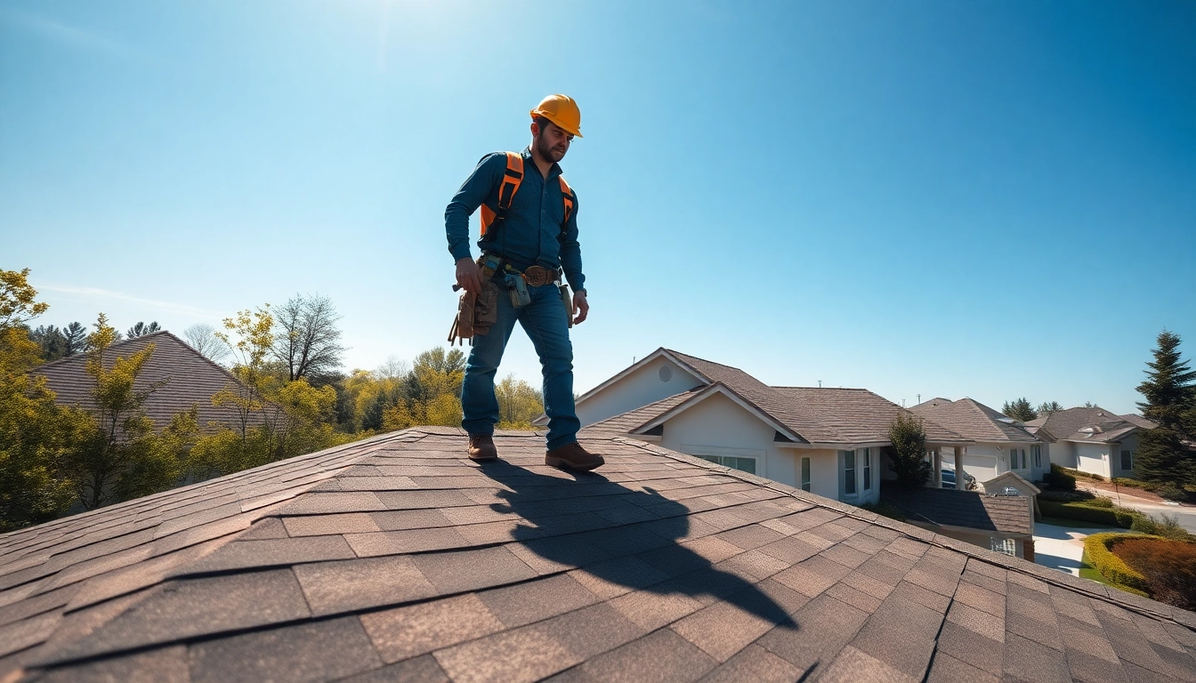 Roofing contractor inspecting a residential roof, showcasing expertise in high-quality roofing.