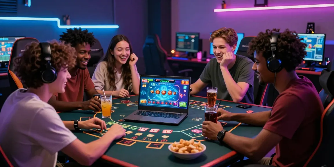 Friends playing baccarat online, showcasing excitement in a vibrant gaming environment with snacks and drinks.
