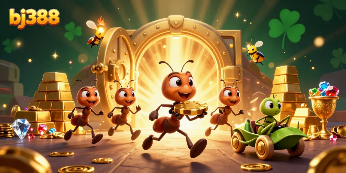 Engage with bj388 as ants steal a golden poker chip in a dynamic online casino heist scene.