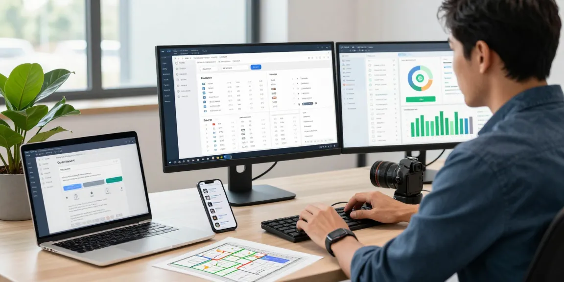Professional workspace showcasing a service business CRM interface with analytics and client communication tools.