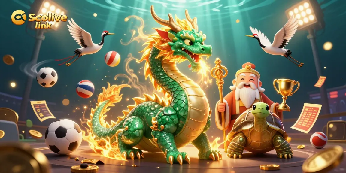 Socolive link showcases dynamic sports betting with lively 3D dragons, turtles, and cranes amidst flying sports elements.