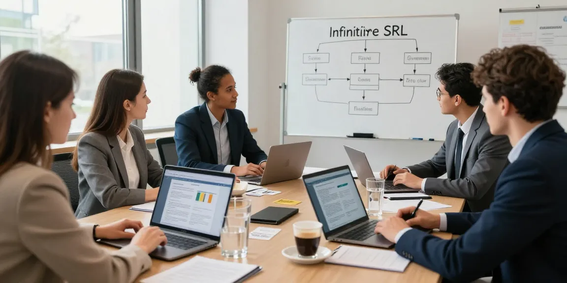 Proces de înființare SRL, echipă de profesioniști discutând în birou modern.