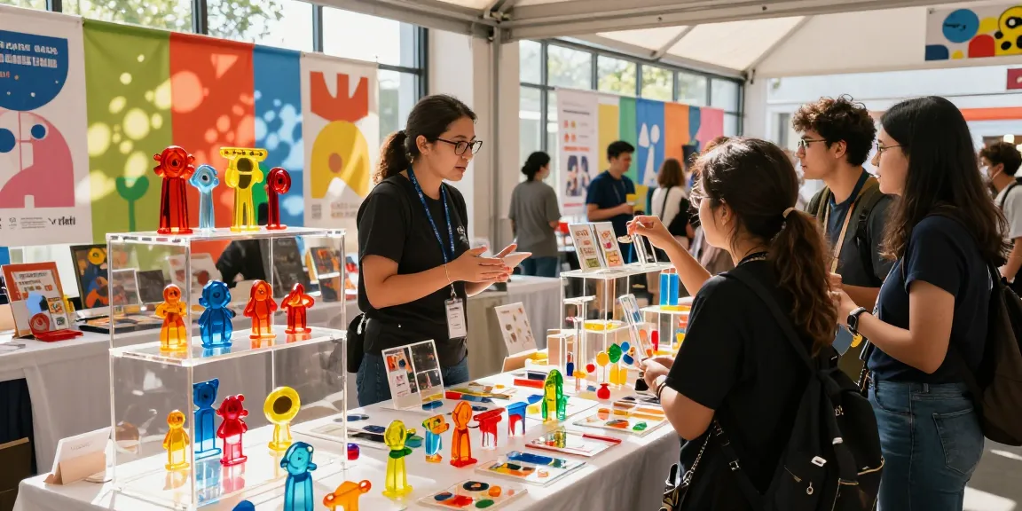 Custom acrylic stand display showcasing colorful merchandise at an art fair.