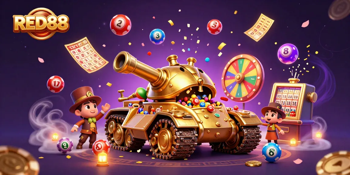 Engage in exciting gaming dynamics at RED88 with a colorful lottery and casino scene showcasing thrilling elements.
