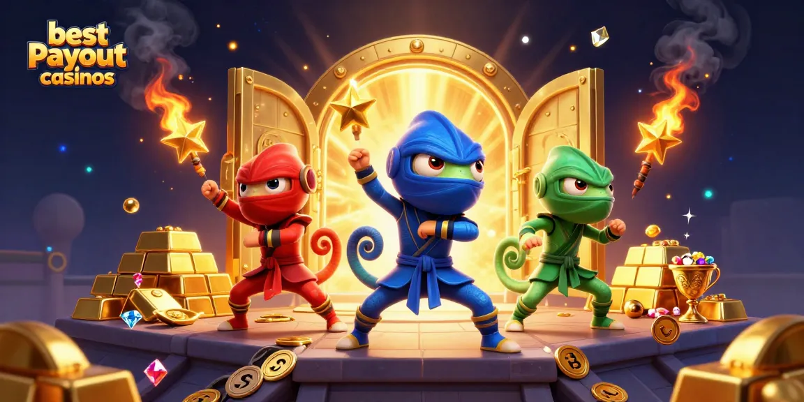Engage with the best payout casinos showcasing a vibrant scene of a ninja chameleon team amidst dynamic gold treasures.