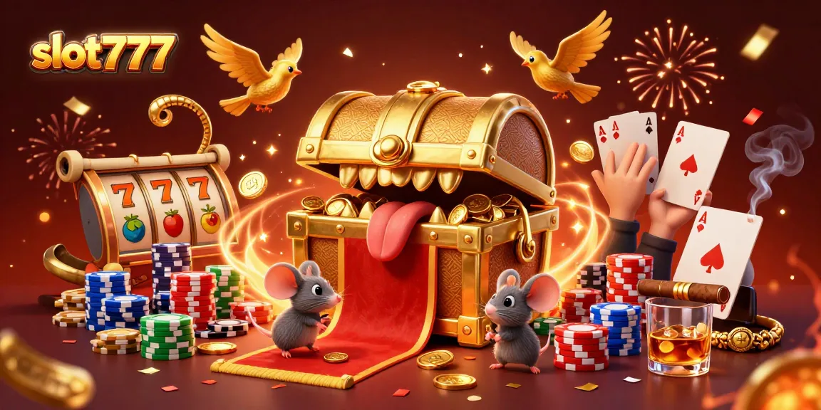 Play exciting slot777 games featuring vibrant reels and a treasure chest in an animated casino illustration.