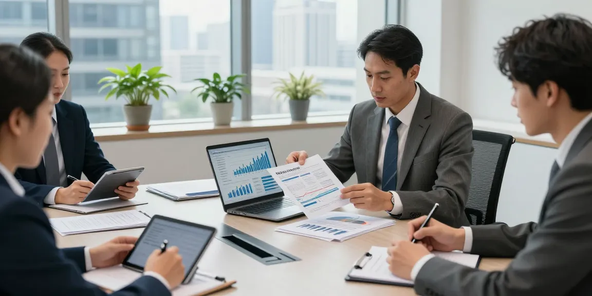 Investment advisor reviewing proposals for worldwide commercial project funds in a modern office setting.