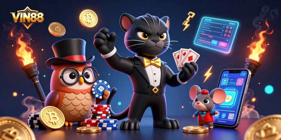 Experience thrilling gameplay at VIN88 with our vibrant 3D casino illustration featuring dynamic card dealing and crypto excitement.