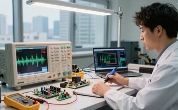 Engineer analysing electronic signals using a Digital Oscilloscope on a workbench, surrounded by tools and circuit components, in a professional lab setting.