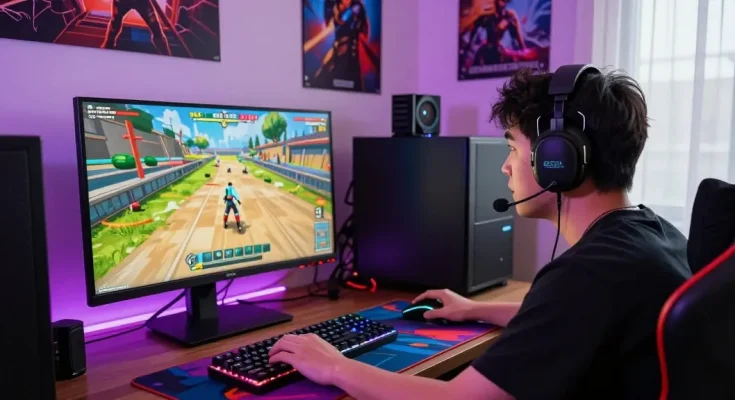 Engaging gaming atmosphere showcasing rokok88 online challenge with lively player and colorful setup