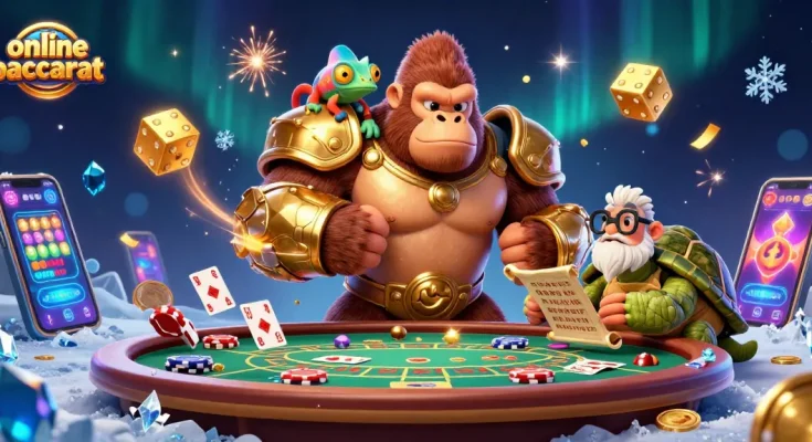 Engage in online baccarat with thrilling action amidst vibrant casino elements and characters.