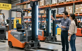 Best pallet truck in Texas review with expert discussing features in a busy warehouse.