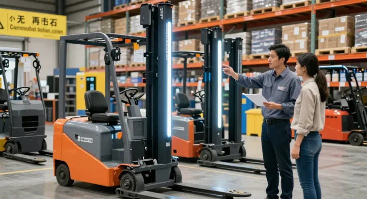 Best pallet truck in Texas review with expert discussing features in a busy warehouse.