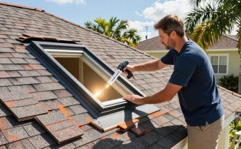 Skylight replacement process in Tampa showing contractor at work, illuminating space with natural light from new skylight.