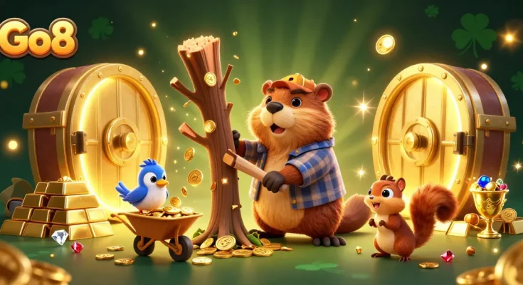 Experience gaming excitement with Go8 as cartoon characters collect coins in a vibrant casino.