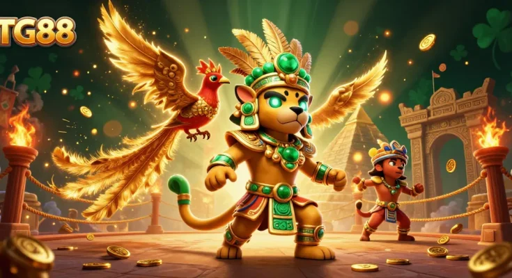 Experience the vibrant gaming world of TG88 with a mystical Mayan priest, colorful quetzal bird, and exciting prizes.